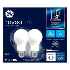 Light Bulbs<GE Reveal 8 Watt Warm White LED neral-Purpose Bulb, 2/Pack (93129441)