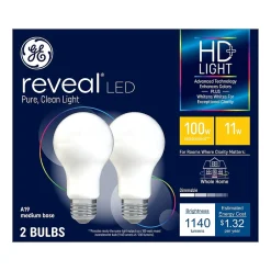 Light Bulbs<GE Reveal 11 Watt Warm White LED neral-Purpose Bulb, 2/Pack (46657)