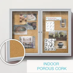Clearance 4' H x 5' W Enclosed Natural Cork Bulletin Board with Satin Frame, 2 Door (PA24860K) Bulletin