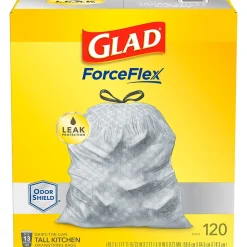 Glad ForceFlex OdorShield 13 Gallon Kitchen Trash Bag, 23.75" x 25.4", Low Density, 0.72 mil, Gray, 120 Bags/Box (79158)