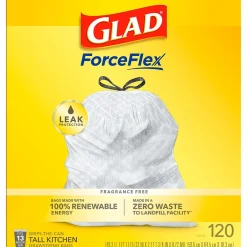Glad ForceFlex Tall 13 Gallon Kitchen Drawstring Trash Bags, White, 120/Box (78939)
