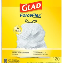 Glad ForceFlex Tall 13 Gallon Kitchen Drawstring Trash Bags, White, 120/Box (78939)