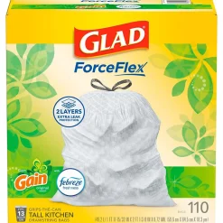 Glad ForceFlex Tall 13 Gallon Kitchen Drawstring White Trash Bags, 110/Box (79098)