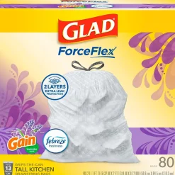 Glad ForceFlex Tall Kitchen Drawstring Trash Bags, 13 Gallon, Gain Lavender with Febreze Freshness, 80 Count (78533)