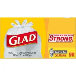 Glad Quick-Tie 13-Gallon Tall Kitchen Trash Bag, 23.75" x 28", 0.66 Mil, White, 80 Bags/Box (60034)