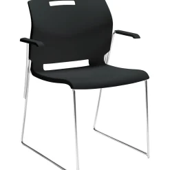 Hot Popcorn Stack Chair with Arms, Plastic, Asphalt Black, Seat: 18"W x 18"D , Back: 19.5"W x 16"H Folding & Stacking