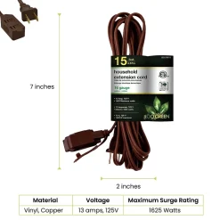 Extension Cords<GoGreen Power 15' Extension Cord, 3-Outlet, 16 AWG, Brown (GG-24815-3)