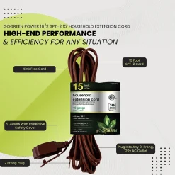 Extension Cords<GoGreen Power 15' Extension Cord, 3-Outlet, 16 AWG, Brown (GG-24815-3)