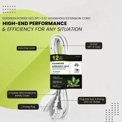 Extension Cords<GoGreen Power 12' Extension Cord, 3-Outlet, 16 AWG, White (GG-24712-3)