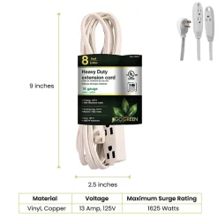 Extension Cords<GoGreen Power 8' Extension Cord, 3-Outlet, 16 AWG, White (GG-19608)
