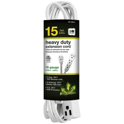 Extension Cords<GoGreen Power 15' Extension Cord, 3-Outlet, 16 AWG, White (GG-19615)
