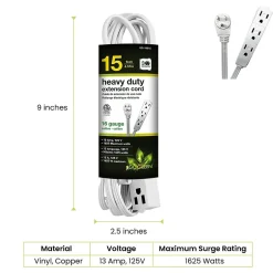 Extension Cords<GoGreen Power 15' Extension Cord, 3-Outlet, 16 AWG, White (GG-19615)