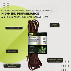 Extension Cords<GoGreen Power 20' Extension Cords, 3-Outlet, 16 AWG, Brown, 3/Pack (GG-24820-3)
