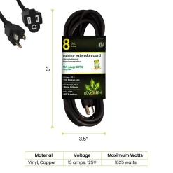 Extension Cords<GoGreen Power 8' Indoor/Outdoor Extension Cord, 16 AWG, Black (GG-13708BK)