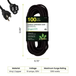 Extension Cords<GoGreen Power 100' Indoor/Outdoor Extension Cord, 16 AWG, Black (GG-13700BK)