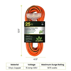 Extension Cords<GoGreen Power 25' Indoor/Outdoor Extension Cord, 3-Outlet, 14 AWG, Orange (GG-15125)