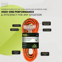 Extension Cords<GoGreen Power 100' Indoor/Outdoor Extension Cord, 3-Outlet, 12 AWG, Orange (GG-15200)