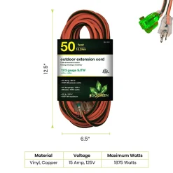 Extension Cords<GoGreen Power 50' Indoor/Outdoor Extension Cord, 12 AWG, Orange (GG-14050)