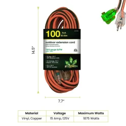 Extension Cords<GoGreen Power 100' Indoor/Outdoor Extension Cord, 12 AWG, Orange (GG-14000)