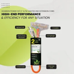 Extension Cords<GoGreen Power 2' Indoor/Outdoor Extension Cord, 3-Outlet, 12 AWG, Orange (GG-15302)