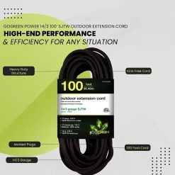 Extension Cords<GoGreen Power 100' Indoor/Outdoor Extension Cord, 14 AWG, Black (GG-13800BK)