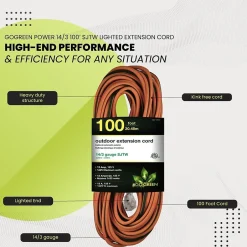 Extension Cords<GoGreen Power 100' Indoor/Outdoor Extension Cord, 14 AWG, Orange (GG-13800)