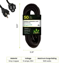 Extension Cords<GoGreen Power 50' Indoor/Outdoor Extension Cord, 16 AWG, Black (GG-13750BK)