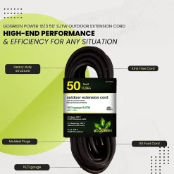 Extension Cords<GoGreen Power 50' Indoor/Outdoor Extension Cord, 16 AWG, Black (GG-13750BK)