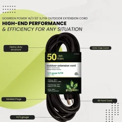 Extension Cords<GoGreen Power 50' Indoor/Outdoor Extension Cord, 14 AWG, Black (GG-13850BK)
