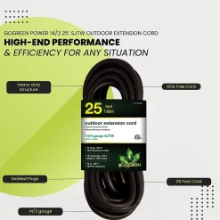 Extension Cords<GoGreen Power 25' Indoor/Outdoor Extension Cord, 14 AWG, Black (GG-13825BK)