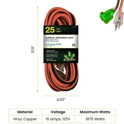 Extension Cords<GoGreen Power 25' Indoor/Outdoor Extension Cord, 14 AWG, Orange (GG-13825)