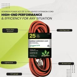 Extension Cords<GoGreen Power 25' Indoor/Outdoor Extension Cord, 14 AWG, Orange (GG-13825)