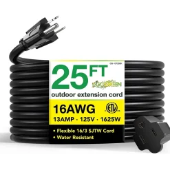 Extension Cords<GoGreen Power 25' Indoor/Outdoor Extension Cord, 16 AWG, Black (GG-13725BK)