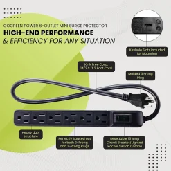Surge Protectors & Power Strips<GoGreen Power 6 Outlet Mini Surge Protector, 2' cord, Black (GG-16103MINBK)
