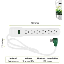 Surge Protectors & Power Strips<GoGreen Power 6 Outlet Surge Protector, 2.5' Cord, White (GG-16103MS)