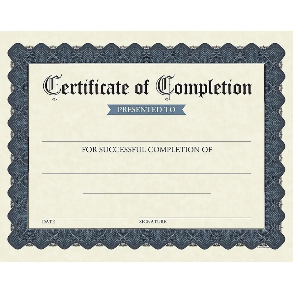 Discount Completion Certificates, 8.5" x 11", Stone Blue, 15/Pack (2020149) Awards & Certificates