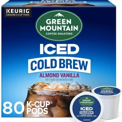 Keurig K-Cups<Green Mountain Coffee Roasters Iced Cold Brew Almond Vanilla Iced Coffee Keurig® K-Cup® Pods, Light Roast, 80/Carton