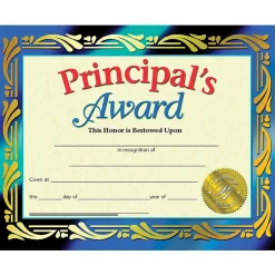 Sale Publishing Principal's Award Certificate, 8.5" x 11", 30 Per Pack, 3 Packs (H-VA689-3) Awards & Certificates