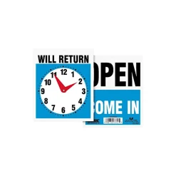 Social Distance Signage<U.S. Stamp Headline® Reversible "OPEN/WILL RETURN" Business Sign with Clock, 7 1/2" x 9", 1 each