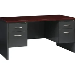 Hot 60"W Double-Pedestal Desk, Charcoal/Mahogany (20534) Computer Desks