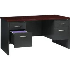 Hot 60"W Double-Pedestal Desk, Charcoal/Mahogany (20534) Computer Desks