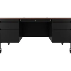 Online 60"W Double-Pedestal Mobile Teacher's Desk, Black/Walnut (22648) Computer Desks
