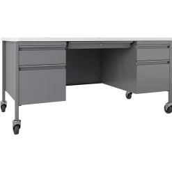 Hot 60"W Double-Pedestal Mobile Teacher's Desk, Platinum/White (22649) Computer Desks