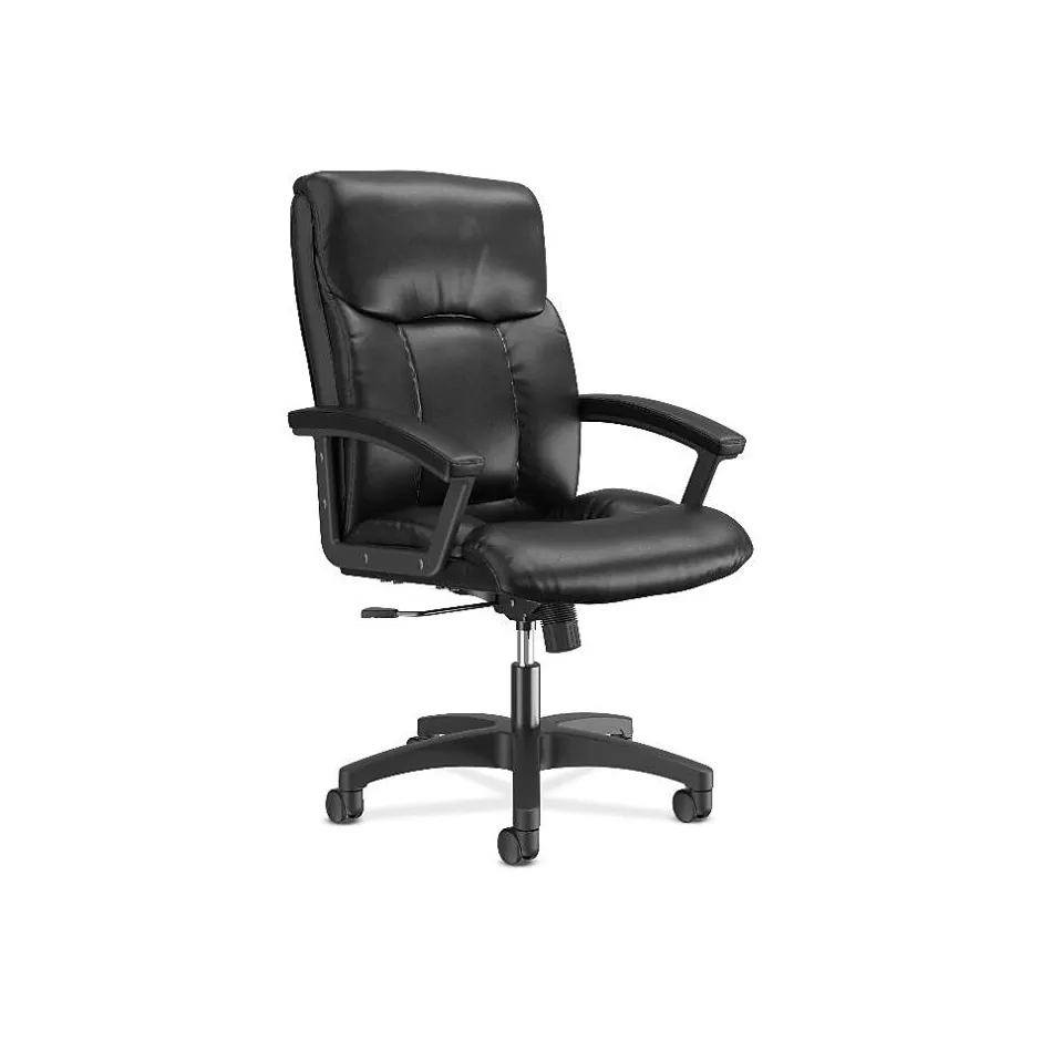 Hot SofThread Leather High-Back Executive Chair, Center-Tilt, Fixed Arms, Black (BSXVL151SB11) Office Chairs