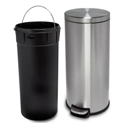 Honey-Can-Do Steel Indoor Round Step Can Trash Can with Hinged Lid, 7.92 Gallon, Silver (TRS-09074)