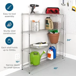 Online 4-Tier Slim Profile Wide Shelving Unit, 48" x 10" x 48", Chrome (SHF-10023) Shelving