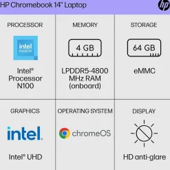 HP 14" Chromebook, Intel Processor N100, 4GB RAM, 64GB SSD, + 8.5 Hours Battery, Google Chrome* Gaming Laptops