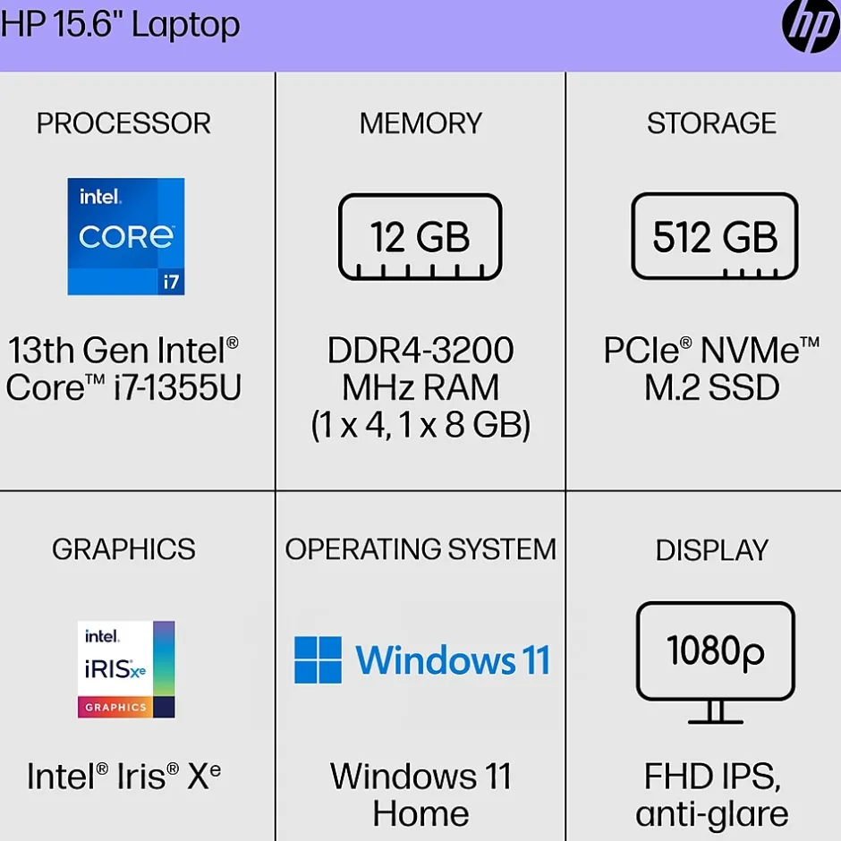 HP 15.6" FHD Laptop, Intel Core i7-1355U, 12GB RAM, 512GB SSD, Backlit Keyboard, +8.5 hrs. Battery Life, Windows 11 Home* Gaming Laptops