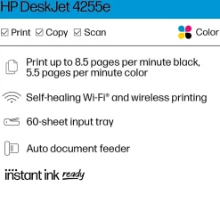 Color Printers<HP DeskJet 4255e Wireless All-in-One Color Inkjet Printer, Scanner, Copier, Best for Home, 3 Months of Ink Included (588S6A)