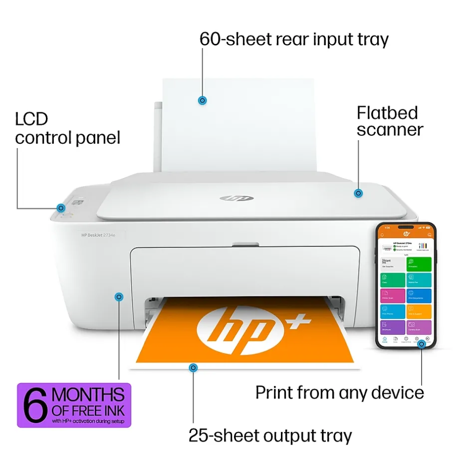 Instant Photo Printers<HP DeskJet 2734e Wireless Color Inkjet Printer, All-In-One, Print, Scan, Copy, 6 Months FREE Ink with + (26K72A#B1H)